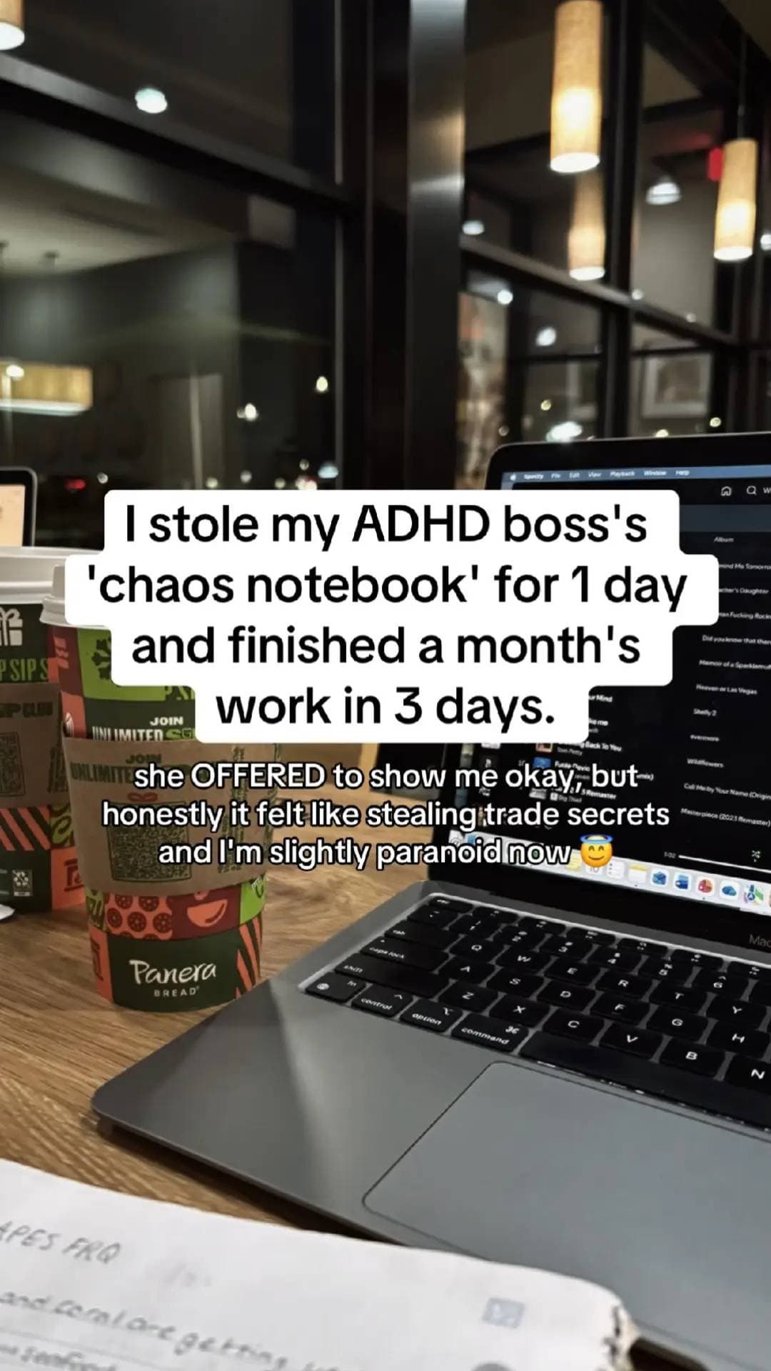 Slide 1: I stole my ADHD boss's
'chaos notebook' for 1 day
and finished a month's
work in 3 days.

she OFFERED to show me okay, but
honestly it felt like stealing trade secrets
and I'm slightly paranoid now 😇