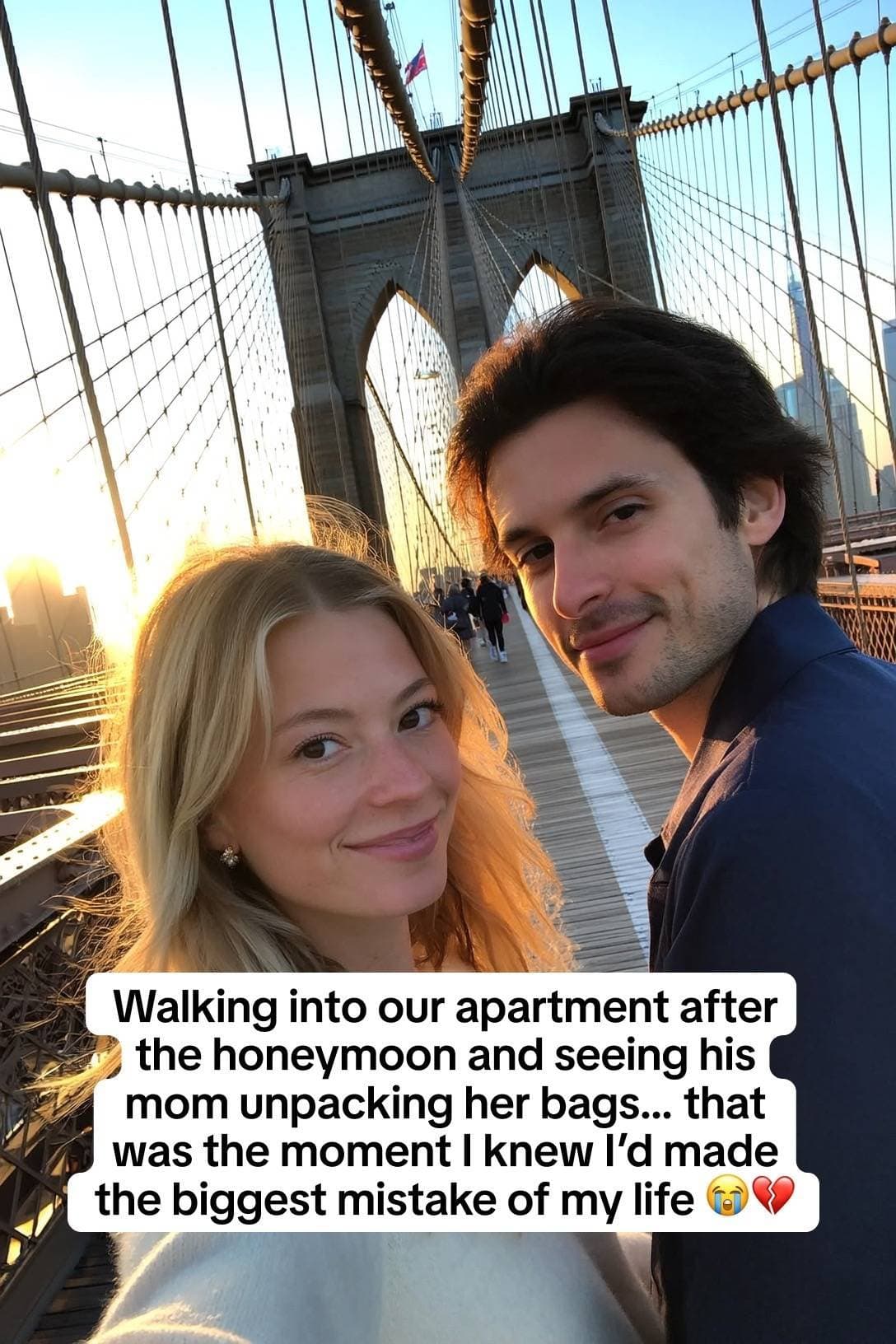 Slide 1: Walking into our apartment after
the honeymoon and seeing his
mom unpacking her bags... that
was the moment I knew I'd made
the biggest mistake of my life 😭💔