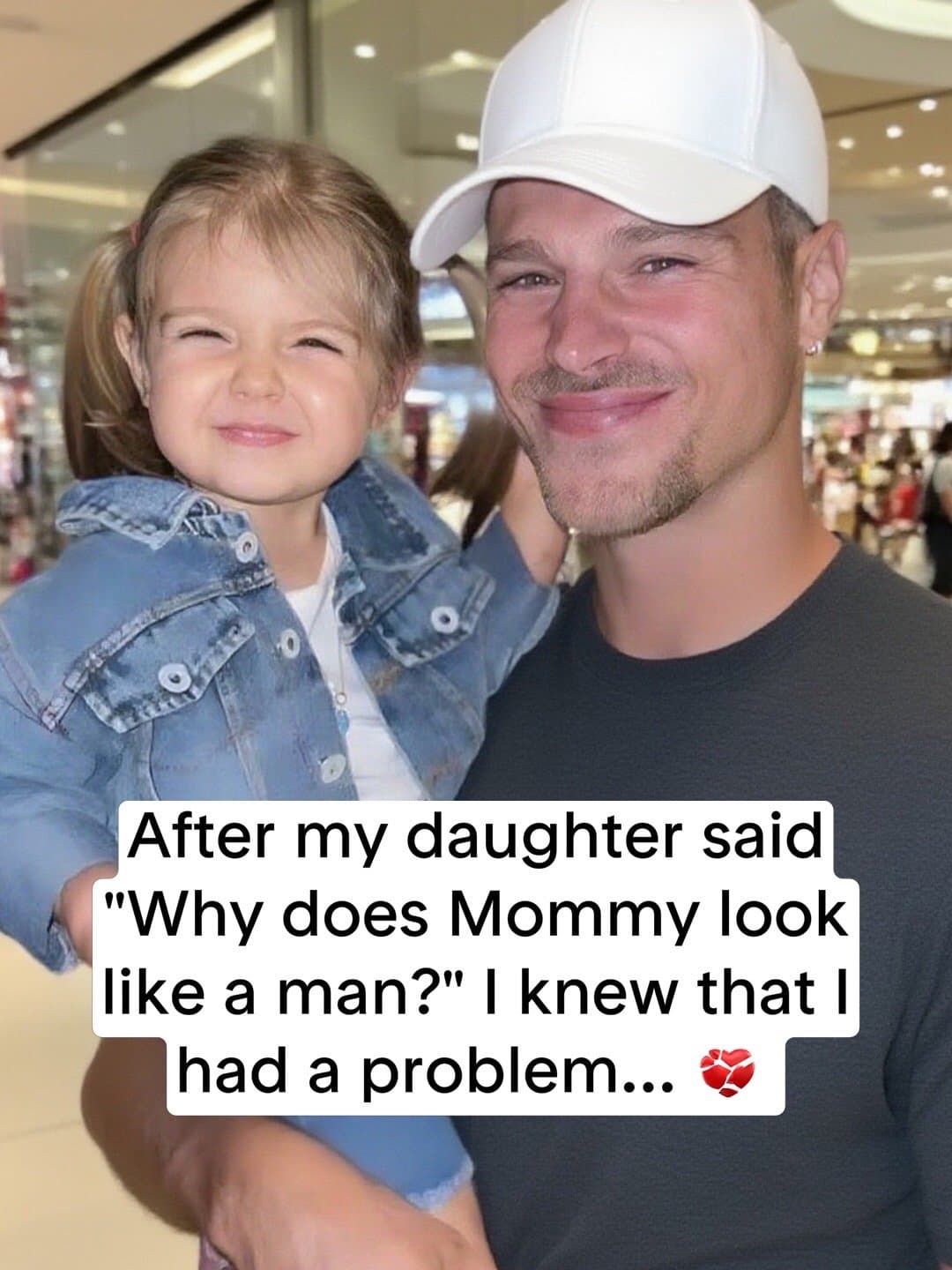 Slide 1: After my daughter said
"Why does Mommy look
like a man?" I knew that I
had a problem... 💔