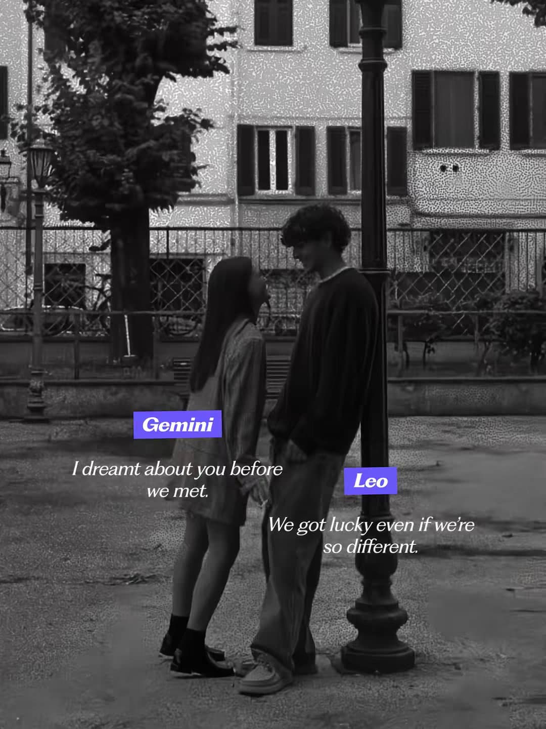 Slide 1: Gemini
I dreamt about you before we met. 
Leo
We got lucky even if we're so different.