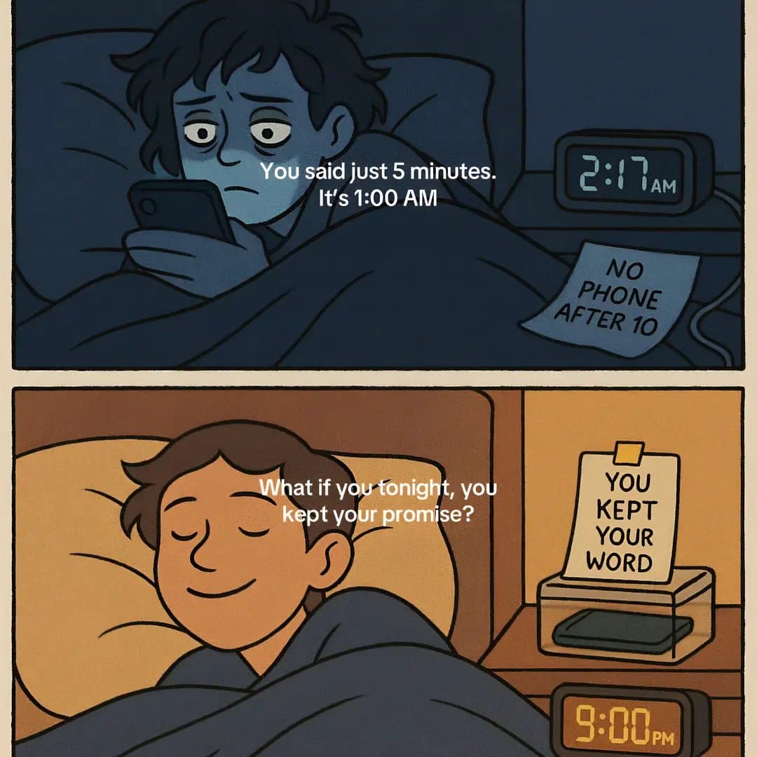 Slide 1: You said just 5 minutes.
It's 1:00 AM
NO
PHONE
AFTER 10

What if you tonight, you
kept your promise?
YOU
KEPT
YOUR
WORD
9:00 PM