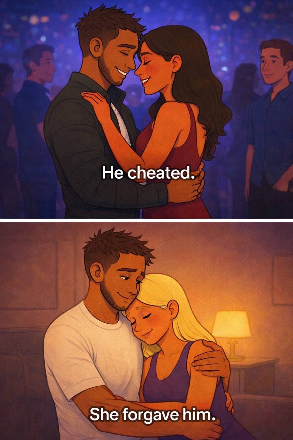 Slide 1: He cheated.

She forgave him.