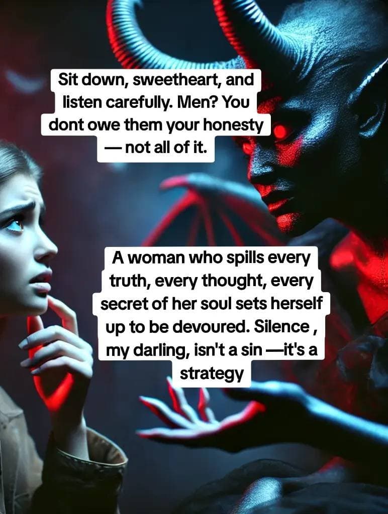 Slide 1: Sit down, sweetheart, and
listen carefully. Men? You
dont owe them your honesty
— not all of it.

A woman who spills every
truth, every thought, every
secret of her soul sets herself
up to be devoured. Silence,
my darling, isn't a sin—it's a
strategy