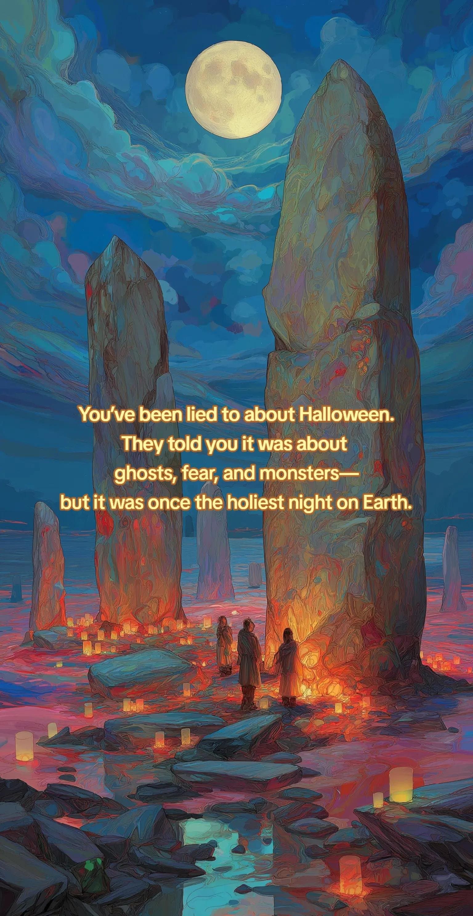 Slide 1: You’ve been lied to about Halloween.
They told you it was about
ghosts, fear, and monsters—
but it was once the holiest night on Earth.