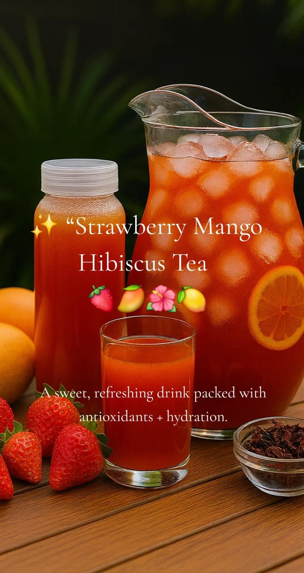 Slide 1: ✨ Strawberry Mango
Hibiscus Tea 🍓🥭🌺🍋

A sweet, refreshing drink packed with
antioxidants + hydration.
