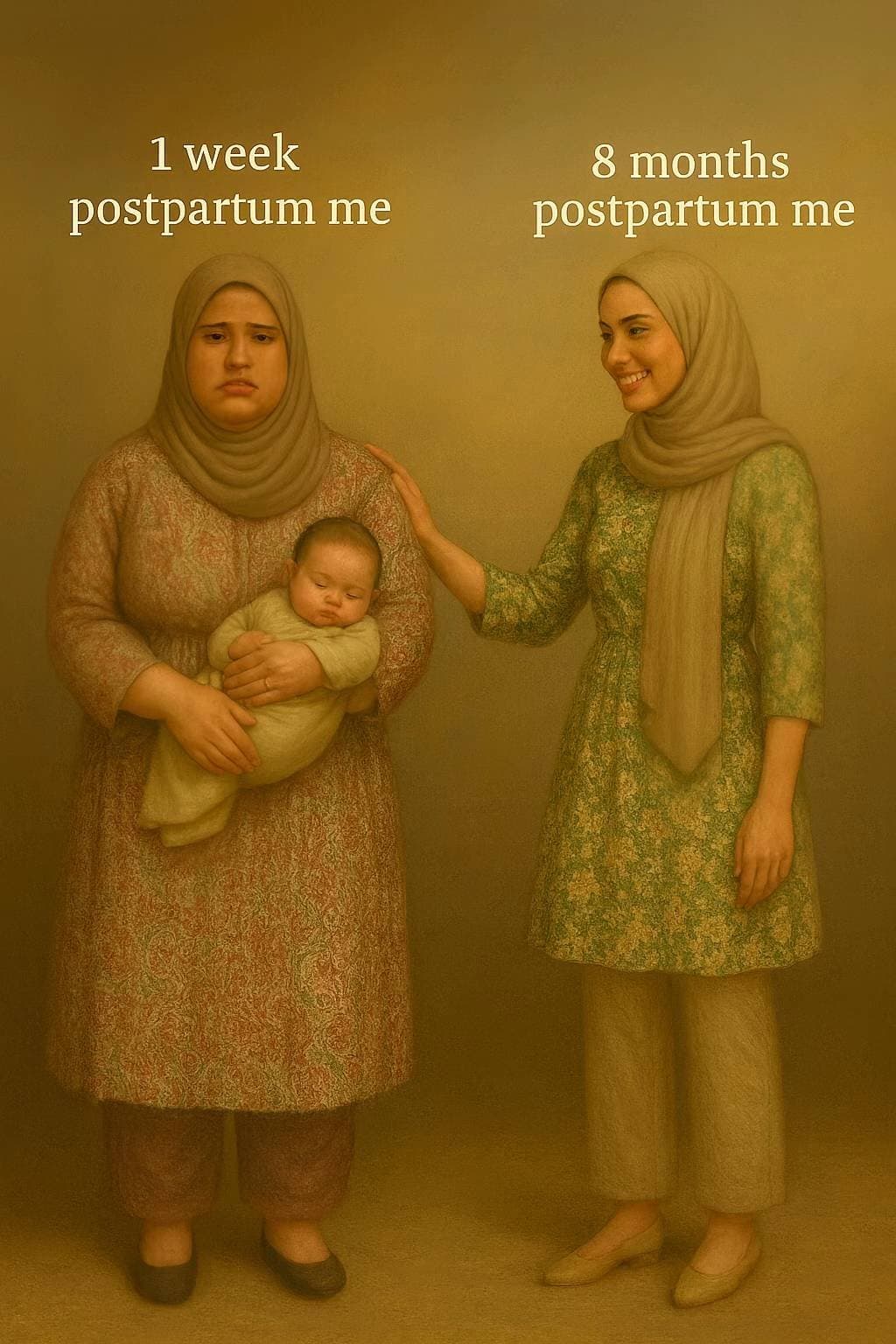 Slide 1: 1 week
postpartum me

8 months
postpartum me