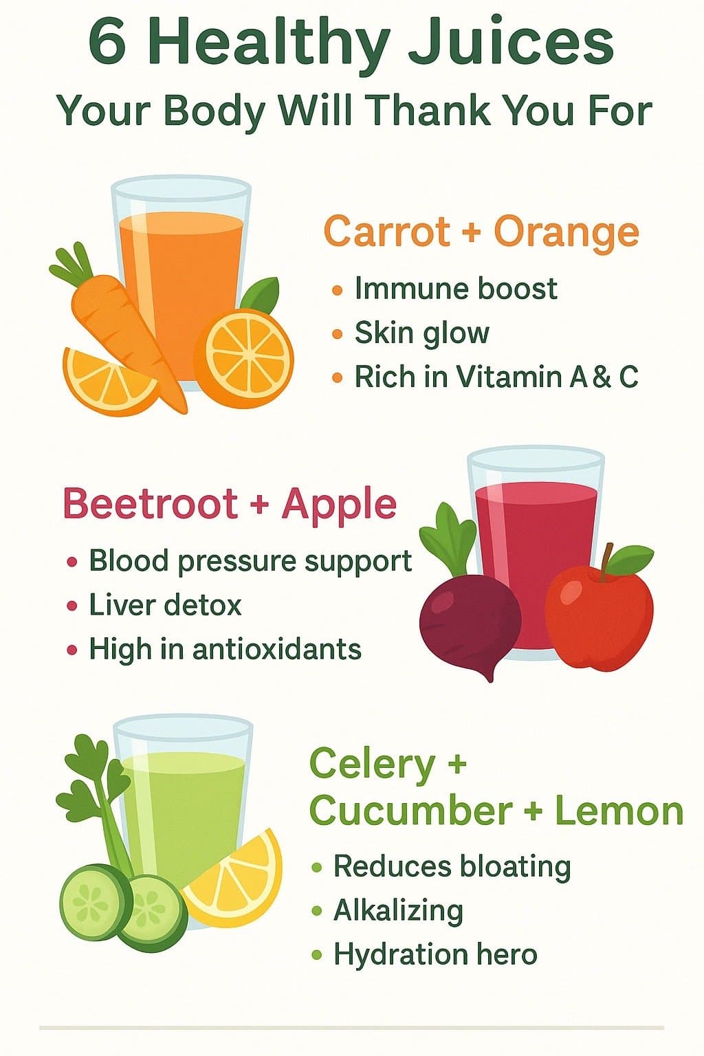 Slide 1: 6 Healthy Juices
Your Body Will Thank You For

Carrot + Orange
• Immune boost
• Skin glow
• Rich in Vitamin A & C

Beetroot + Apple
• Blood pressure support
• Liver detox
• High in antioxidants

Celery + Cucumber + Lemon
• Reduces bloating
• Alkalizing
• Hydration hero