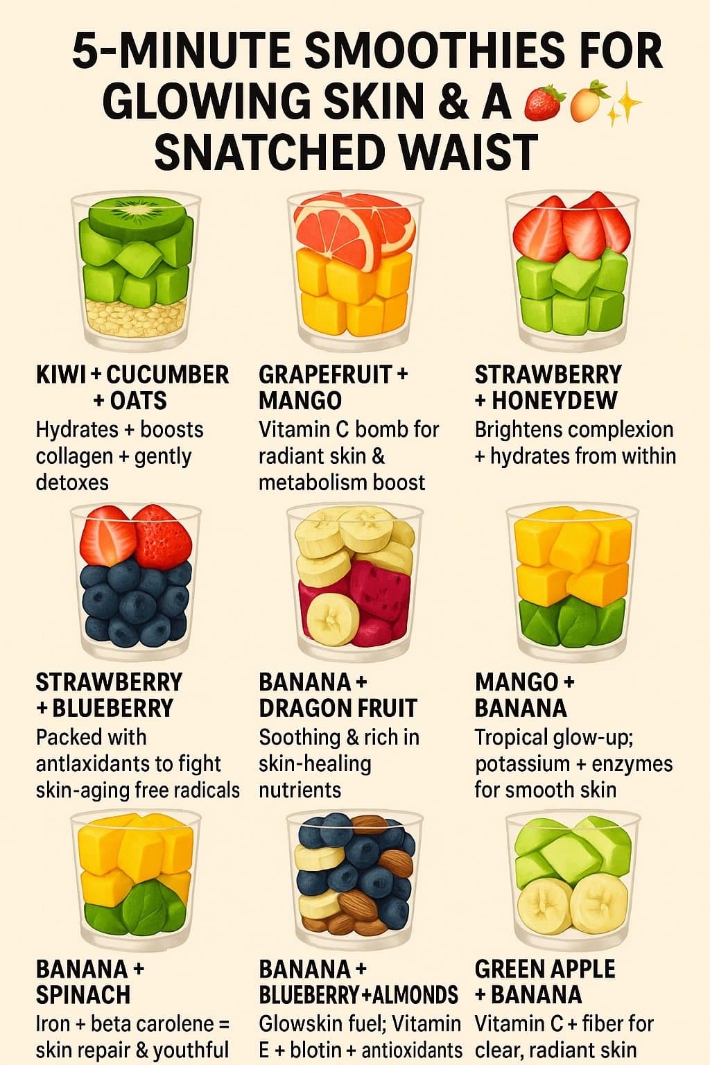 Slide 1: 5-MINUTE SMOOTHIES FOR
GLOWING SKIN & A 🍓🥭✨
SNATCHED WAIST
KIWI + CUCUMBER
+ OATS
Hydrates + boosts
collagen + gently
detoxes
STRAWBERRY
+ BLUEBERRY
Packed with
antioxidants to fight
skin-aging free radicals
BANANA +
SPINACH
Iron + beta carotene =
skin repair & youthful
GLOW
GRAPEFRUIT +
MANGO
Vitamin C bomb for
radiant skin &
metabolism boost
BANANA +
DRAGON FRUIT
Soothing & rich in
skin-healing
nutrients
BANANA +
BLUEBERRY+ALMONDS
Glowskin fuel; Vitamin
E + biotin + antioxidants
STRAWBERRY
+ HONEYDEW
Brightens complexion
+ hydrates from within
MANGO +
BANANA
Tropical glow-up;
potassium + enzymes
for smooth skin
GREEN APPLE
+ BANANA
Vitamin C + fiber for
clear, radiant skin