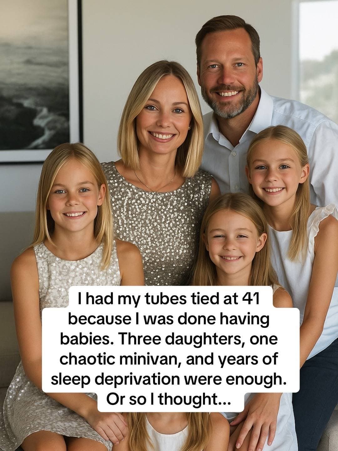 Slide 1: I had my tubes tied at 41
because I was done having
babies. Three daughters, one
chaotic minivan, and years of
sleep deprivation were enough.
Or so I thought...