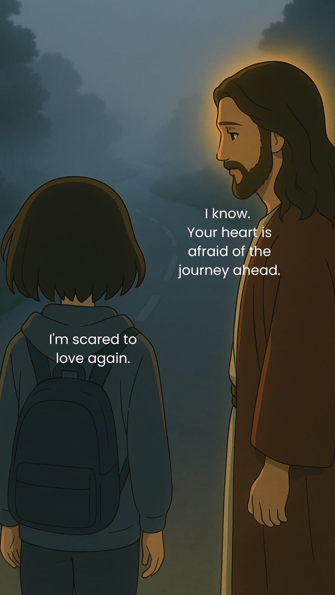 Slide 1: I know.
Your heart is
afraid of the
journey ahead.

I'm scared to
love again.