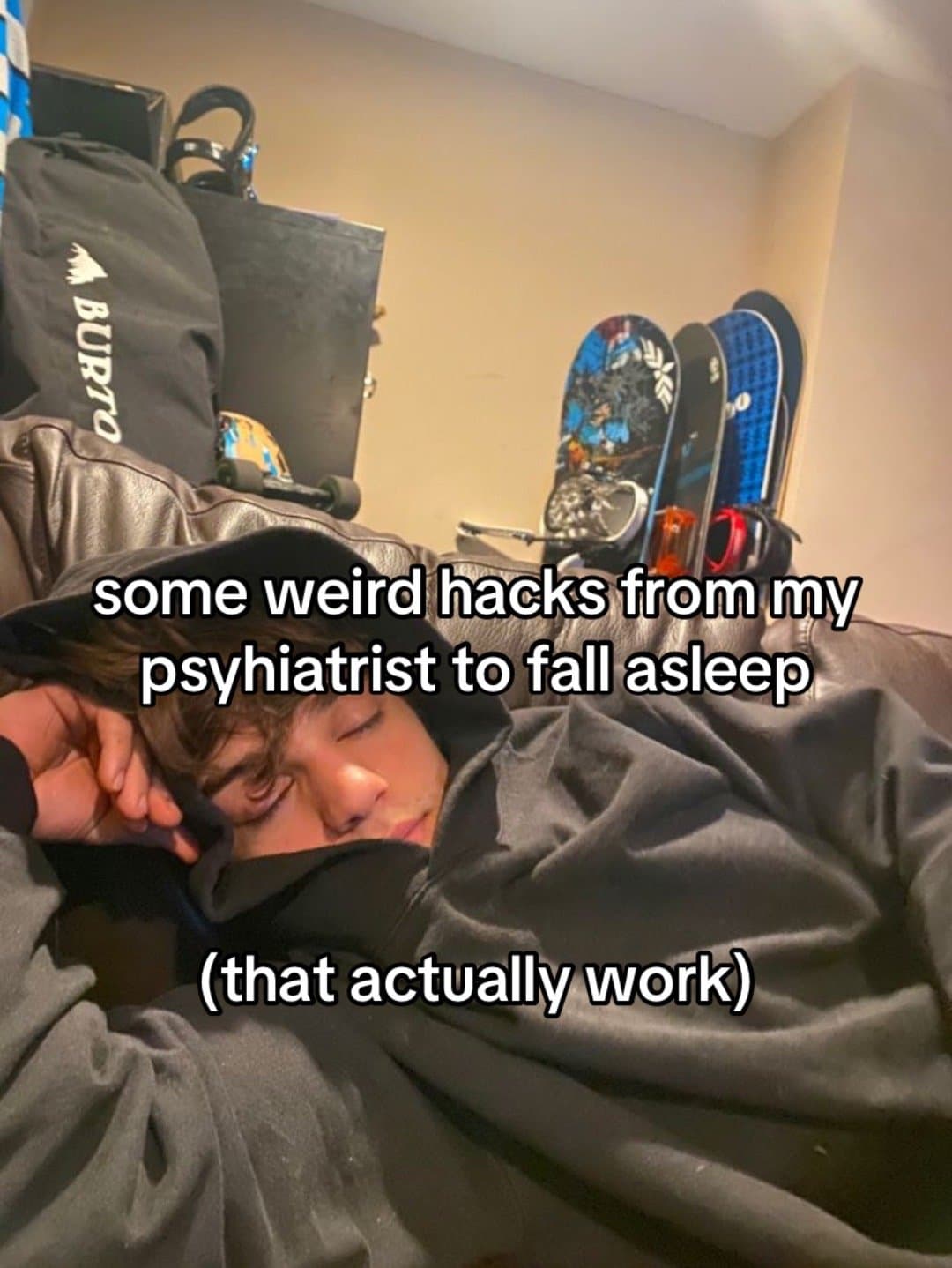 Slide 1: Sleep with your feet outside the blanket
it helps your body cool down faster, which signals your brain its safe to sleep. looks weird but it seriously works