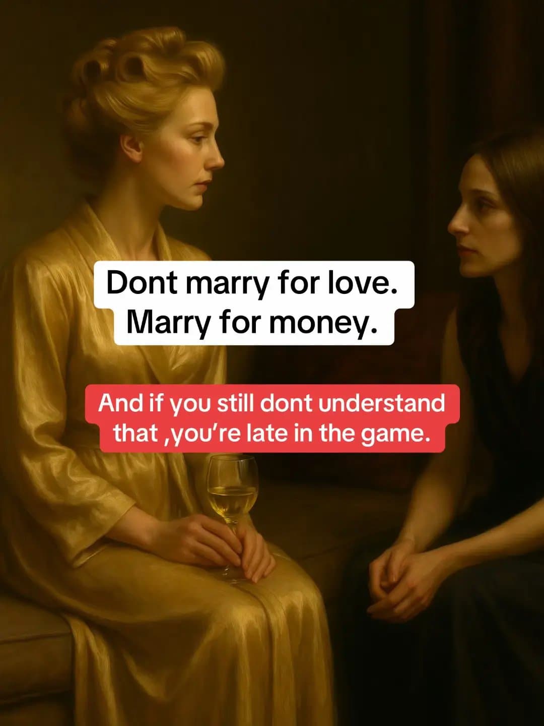 Slide 1: Don't marry for love.
Marry for money.

And if you still dont understand 
that, you're late in the game.