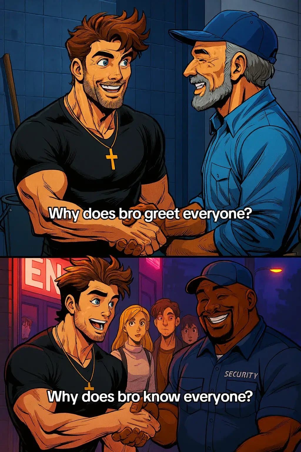 Slide 1: Why does bro greet everyone?
Why does bro know everyone?