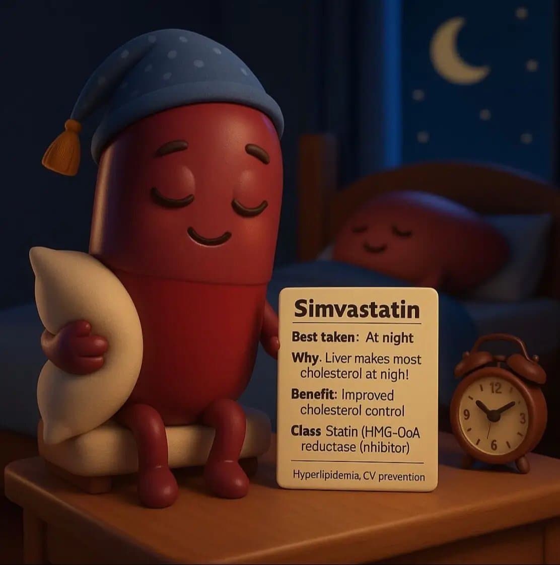 Slide 1: Simvastatin
Best taken: At night
Why. Liver makes most cholesterol at nigh!
Benefit: Improved cholesterol control
Class Statin (HMG-OoA reductase (nhibitor)
Hyperlipidemia, CV prevention