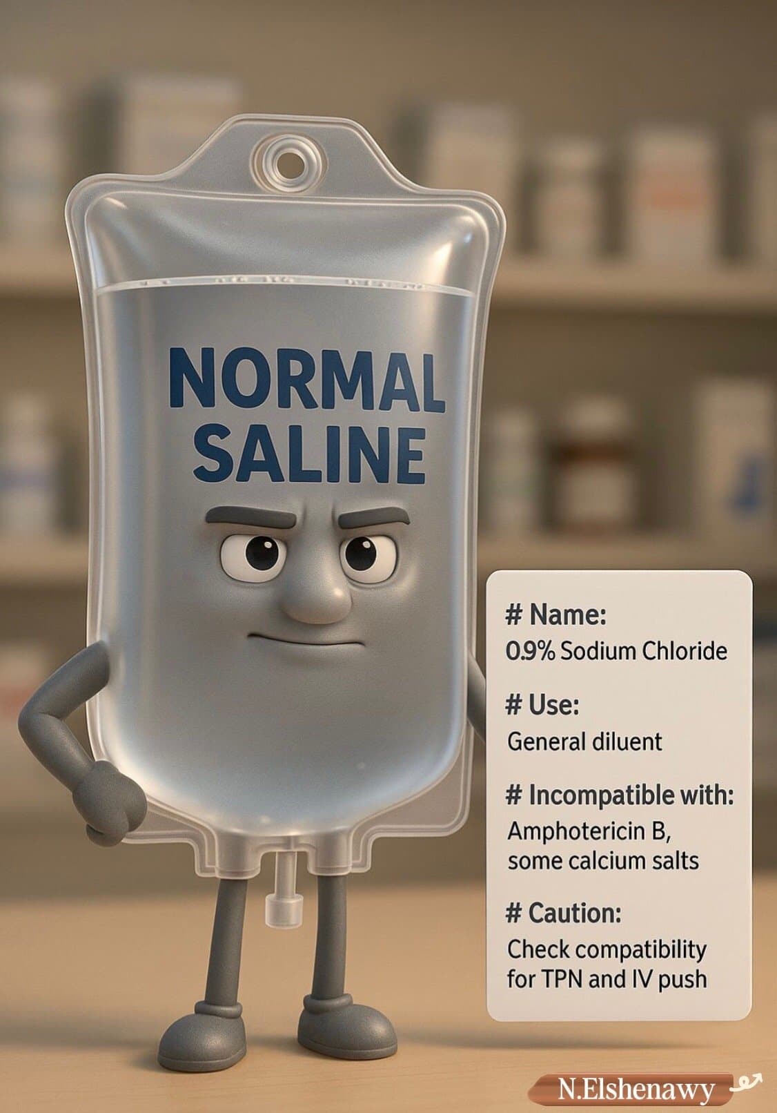 Slide 1: # Name:
0.9% Sodium Chloride
# Use:
General diluent
# Incompatible with: Amphotericin B, some calcium salts
# Caution:
Check compatibility for TPN and IV push