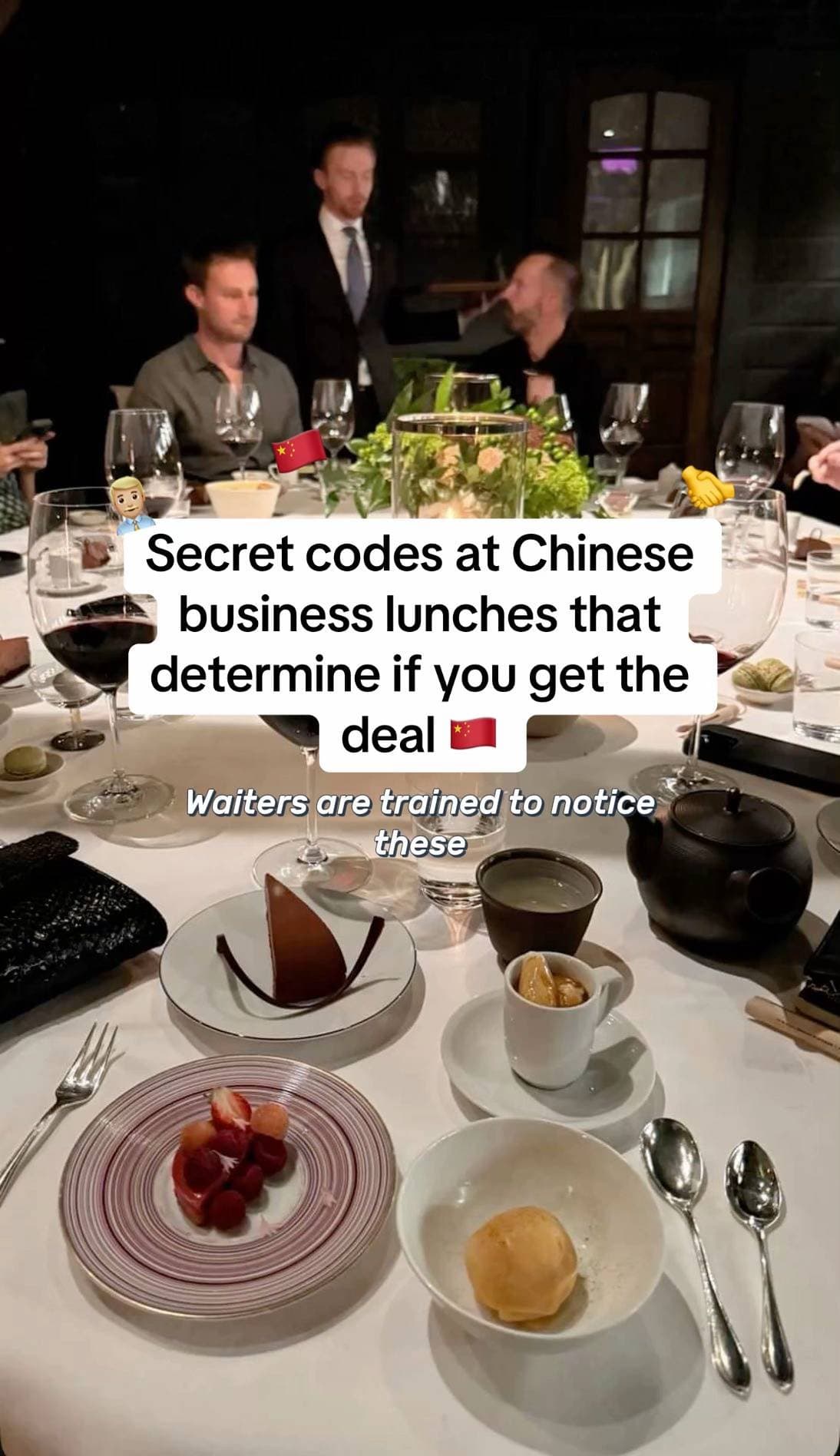 Slide 1: Secret codes at Chinese
business lunches that
determine if you get the
deal 🇨🇳

Waiters are trained to notice
these