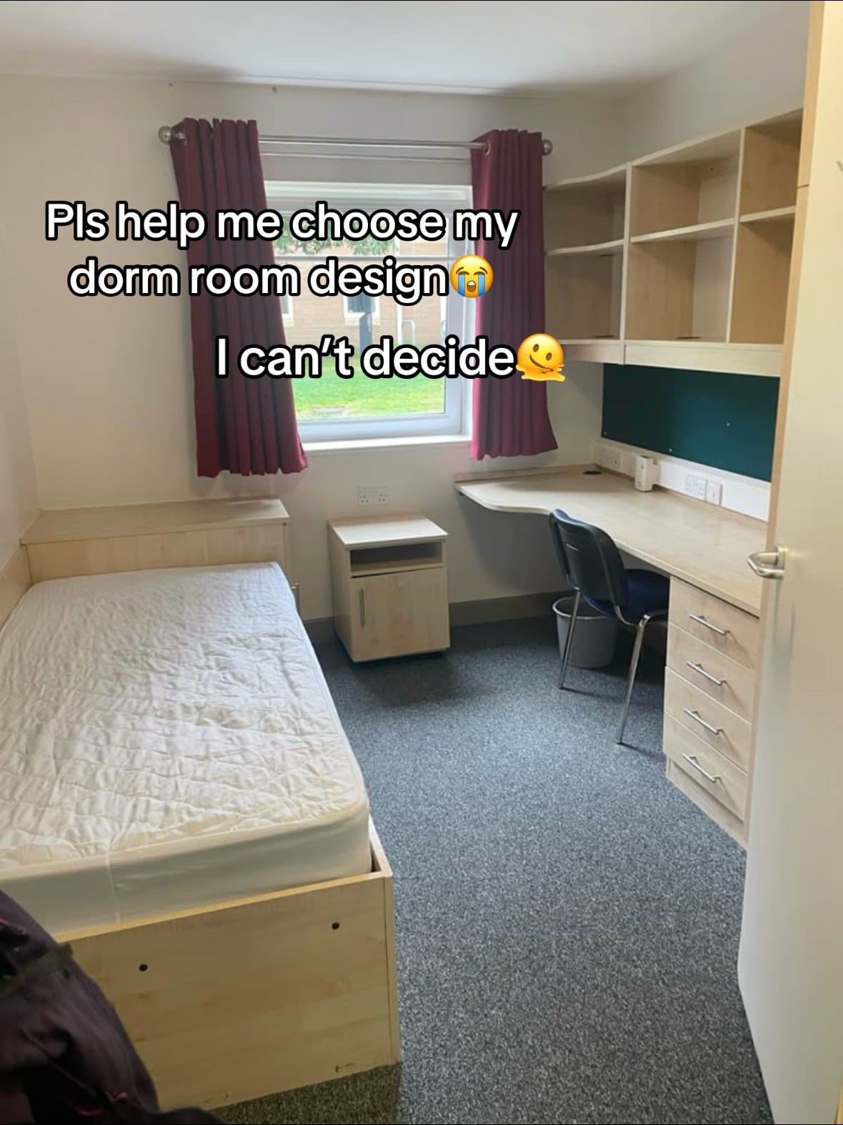 Slide 1: Pls help me choose my
dorm room design 🥹
I can't decide 🫠