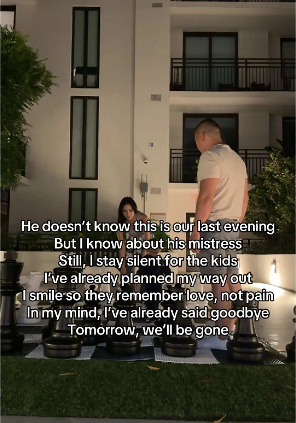 He doesn't know this is our last evening
But I know about his mistress
Still, I …