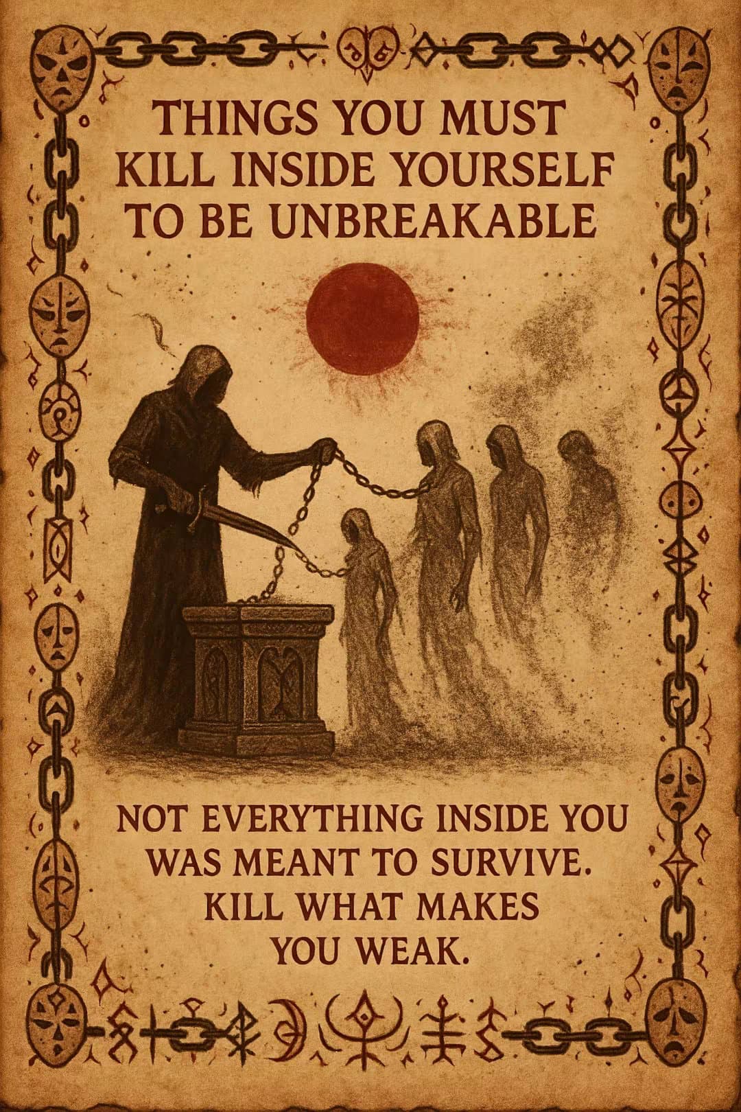 Slide 1: THINGS YOU MUST
KILL INSIDE YOURSELF
TO BE UNBREAKABLE

NOT EVERYTHING INSIDE YOU
WAS MEANT TO SURVIVE.
KILL WHAT MAKES
YOU WEAK.