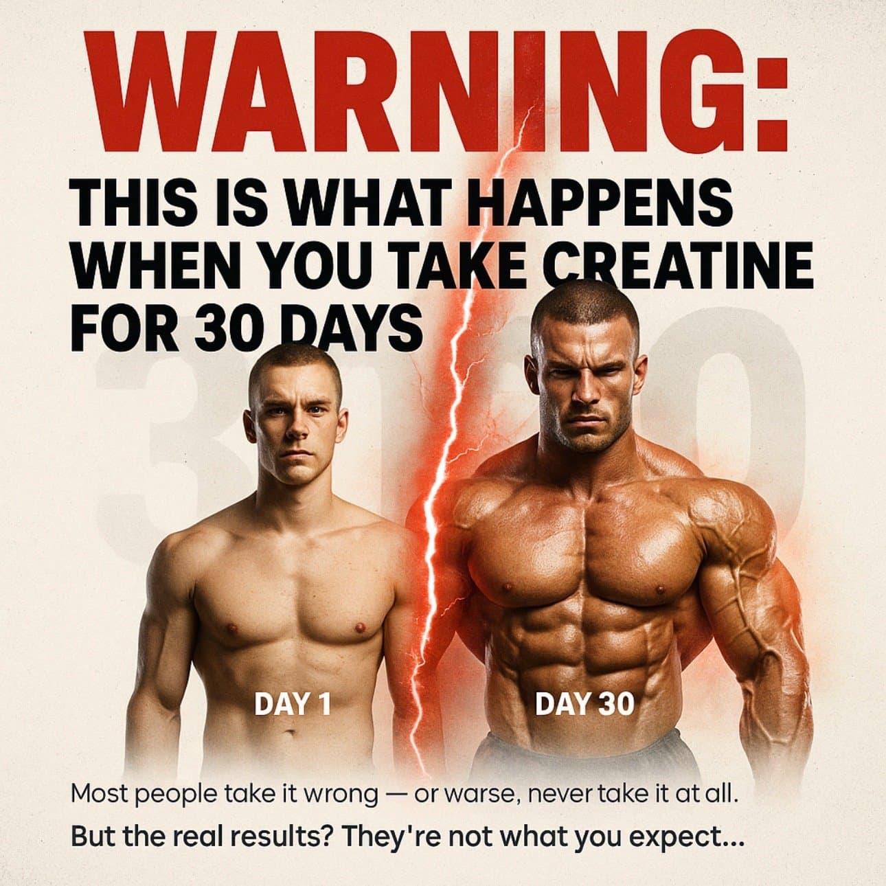 Slide 1: WARNING:
THIS IS WHAT HAPPENS
WHEN YOU TAKE CREATINE
FOR 30 DAYS
DAY 1 DAY 30
Most people take it wrong – or worse, never take it at all.
But the real results? They're not what you expect.