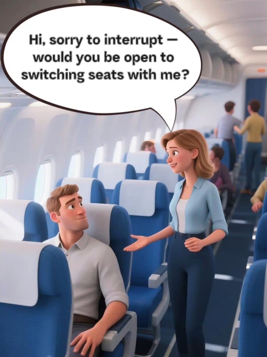 Hi, sorry to interrupt —
would you be open to
switching seats with me?

I’m just…
