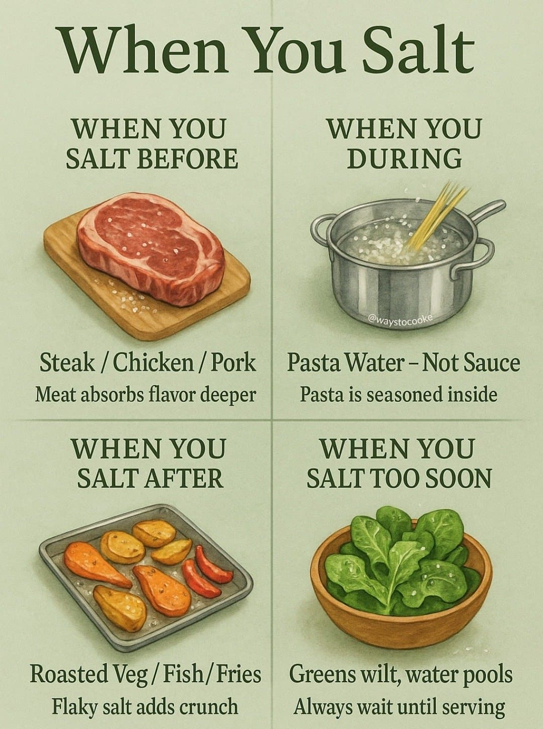 When You Salt
WHEN YOU
SALT BEFORE
Steak / Chicken / Pork
Meat absorbs flavor …