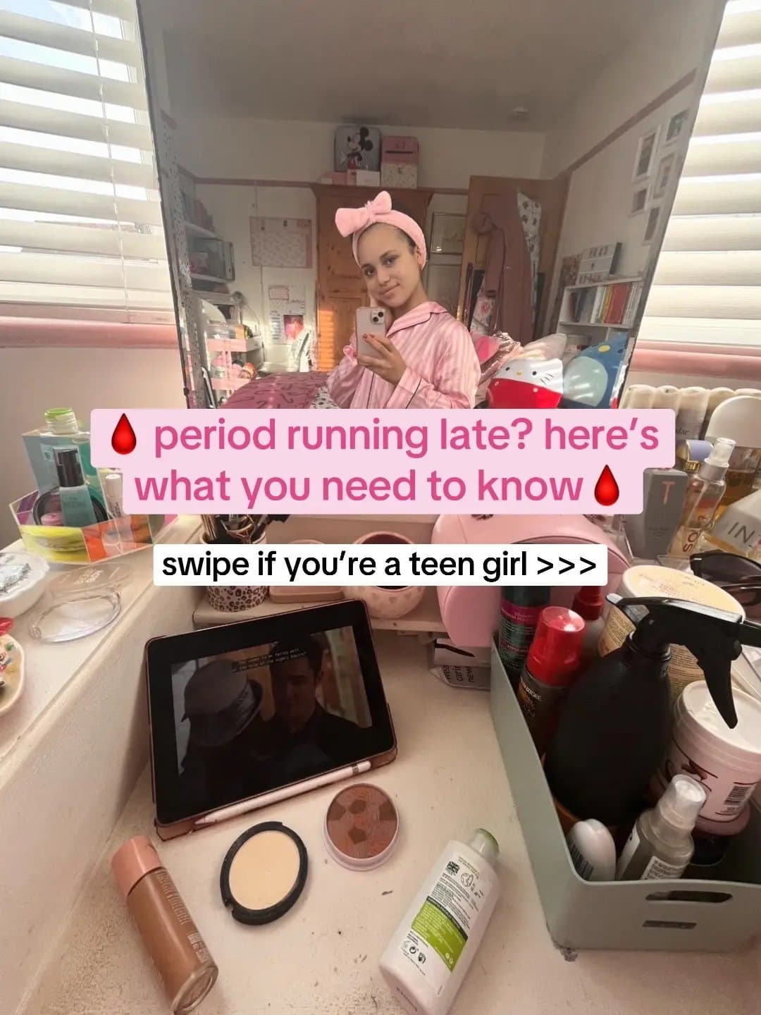 Slide 1: 🩸period running late? here's
what you need to know🩸
swipe if you're a teen girl >>>