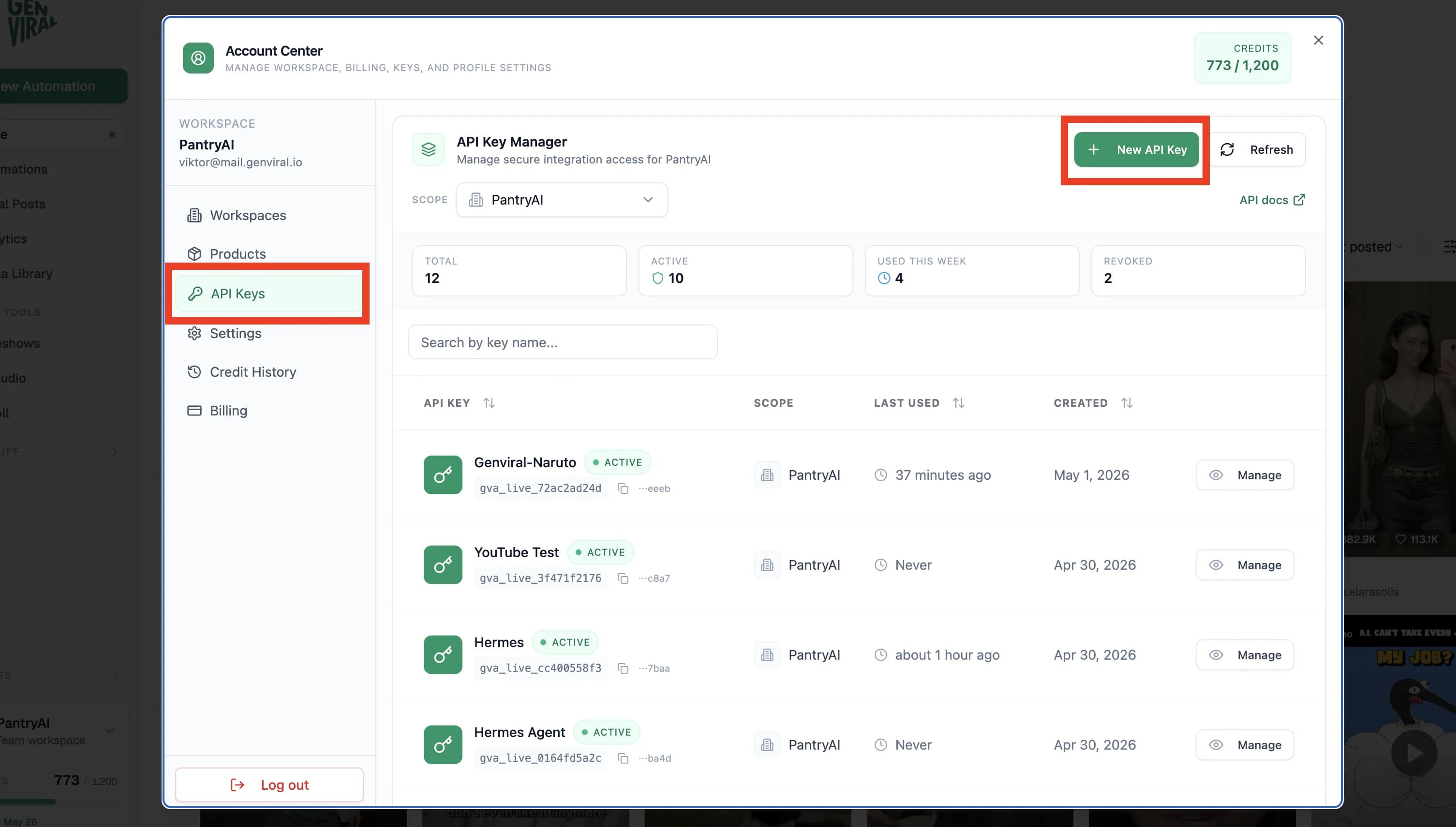 Genviral API Keys page where you create the scoped key Hermes Agent uses to talk to the Genviral social media API.
