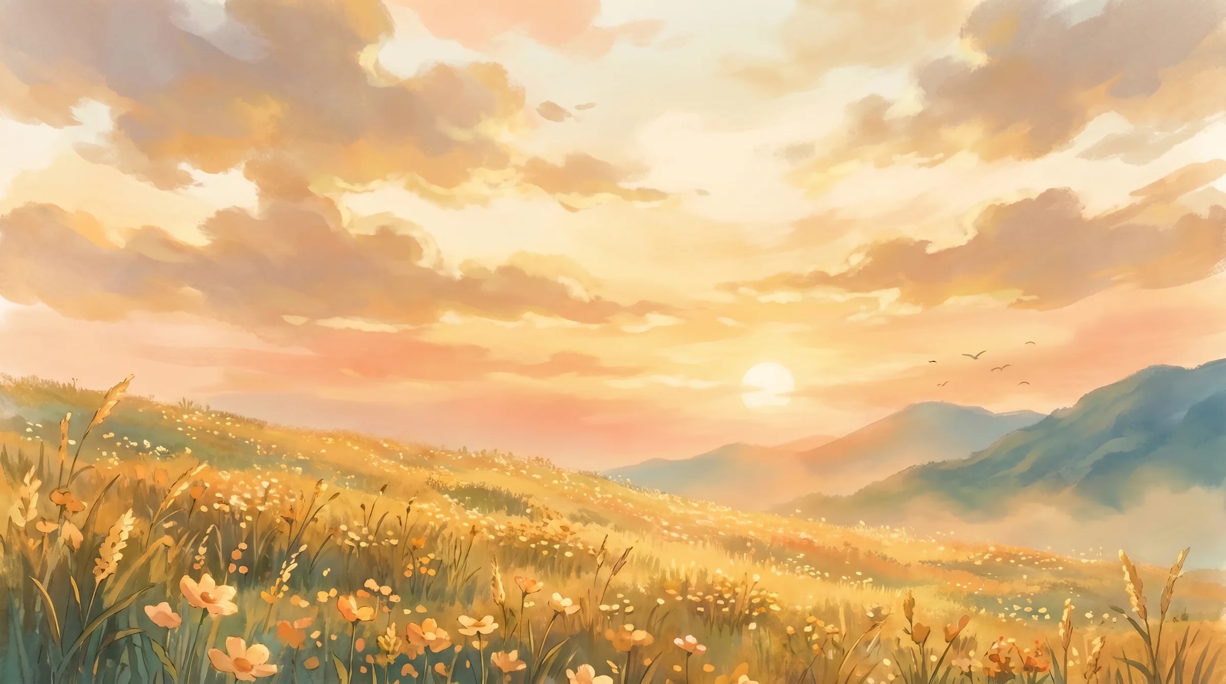 A wildflower meadow rolling toward soft distant mountains under a wide golden-hour sky, painted in a warm Studio Ghibli watercolor style