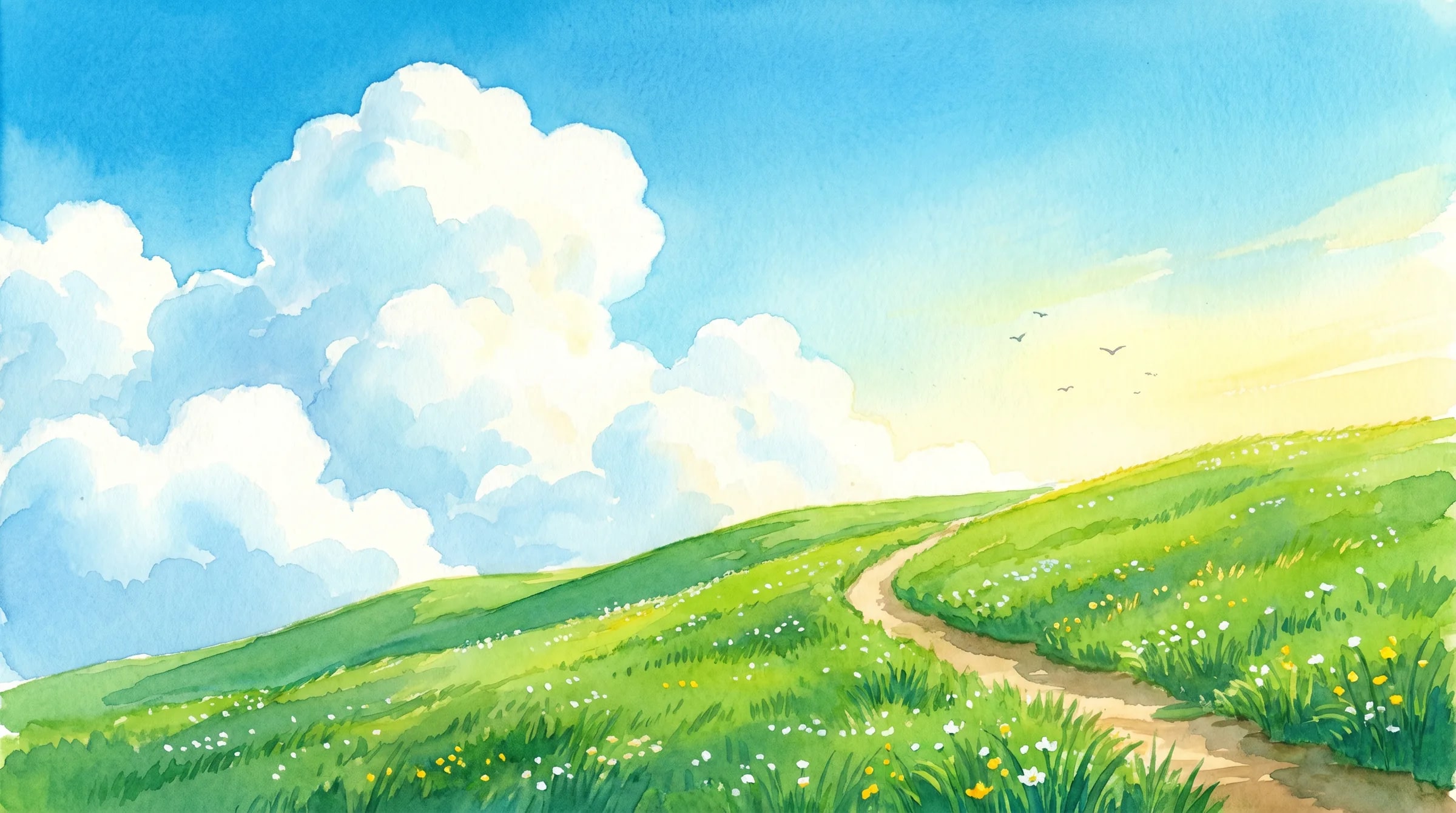 A winding path through bright rolling green hills under a wide blue sky with soft white clouds, painted in a warm Studio Ghibli watercolor style