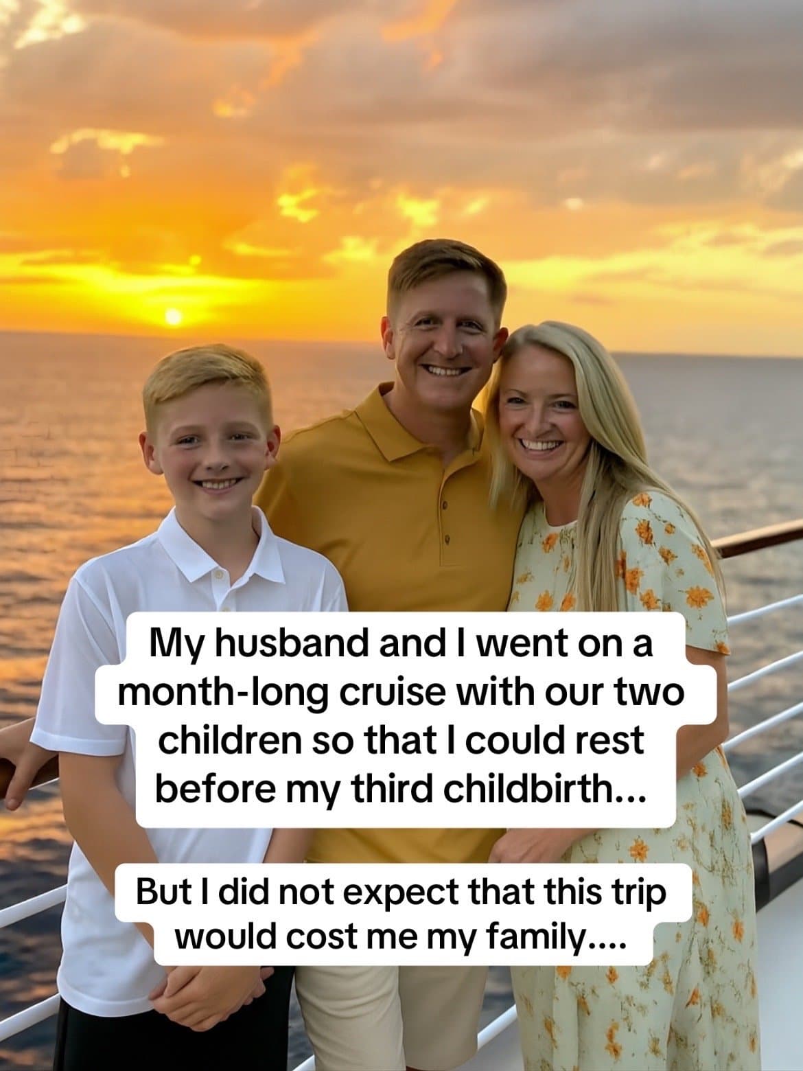 Slide 1: My husband and I went on a
month-long cruise with our two
children so that I could rest
before my third childbirth...
But I did not expect that this trip
would cost me my family....