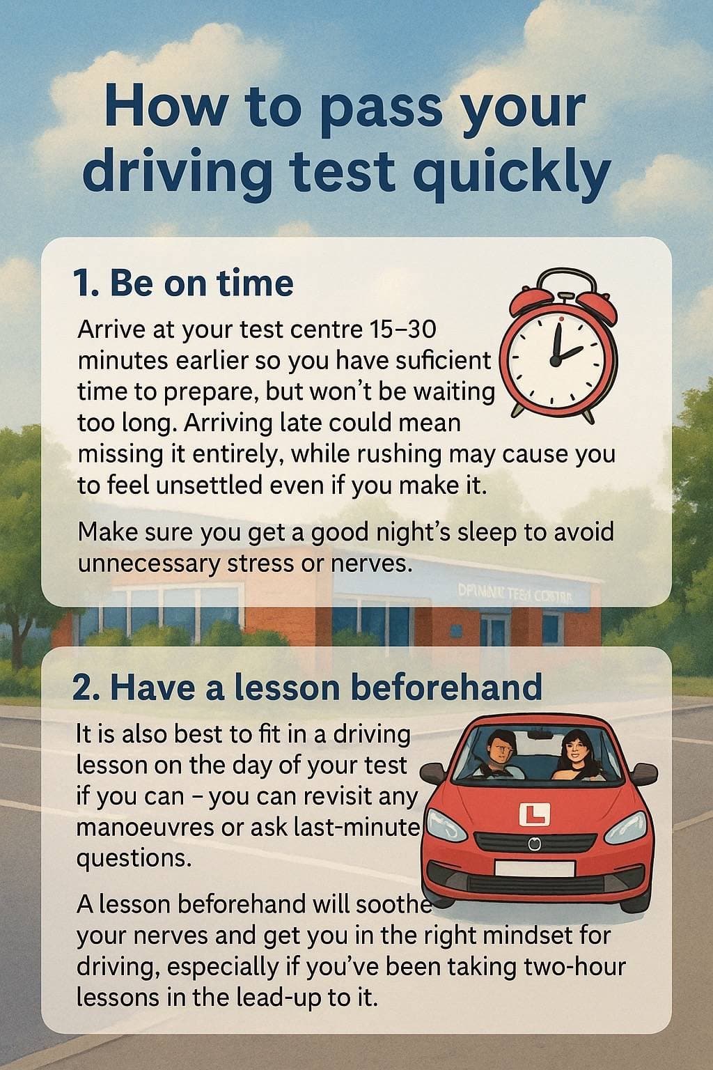 Slide 1: How to pass your
driving test quickly
1. Be on time
Arrive at your test centre 15–30
minutes earlier so you have sufficient
time to prepare, but won't be waiting
too long. Arriving late could mean
missing it entirely, while rushing may cause you
to feel unsettled even if you make it.
Make sure you get a good night's sleep to avoid
unnecessary stress or nerves.
2. Have a lesson beforehand
It is also best to fit in a driving
lesson on the day of your test
if you can - you can revisit any
manoeuvres or ask last-minute
questions.
A lesson beforehand will soothe
your nerves and get you in the right mindset for
driving, especially if you've been taking two-hour
lessons in the lead-up to it.