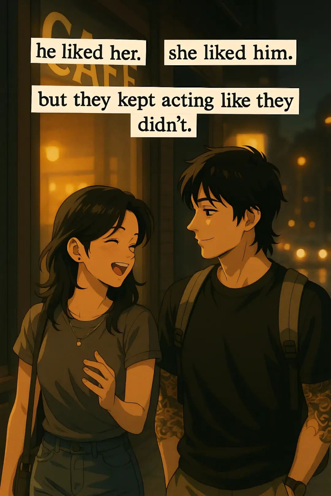 Slide 1: he liked her. she liked him.
but they kept acting like they
didn't.