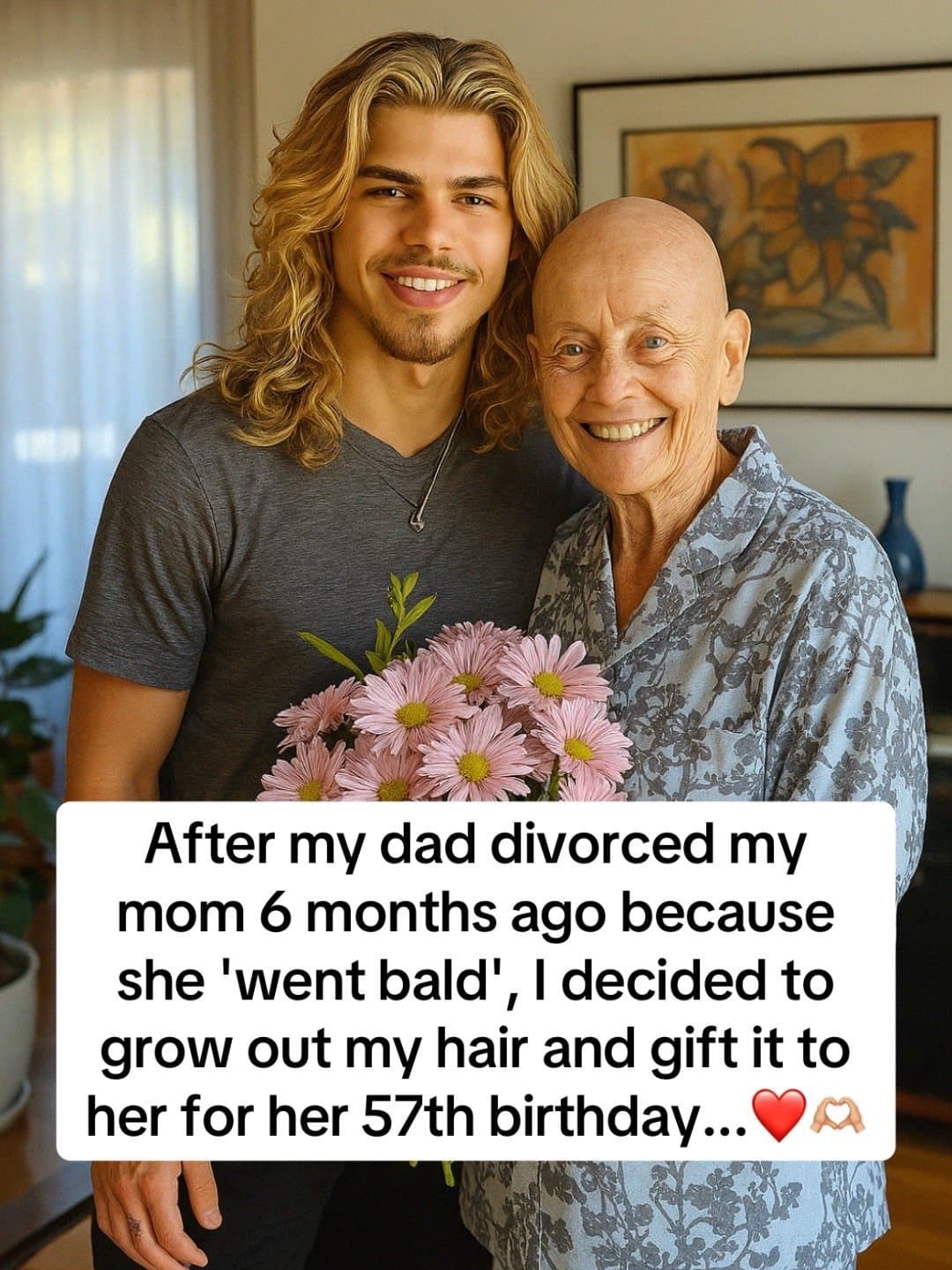 Slide 1: After my dad divorced my
mom 6 months ago because
she went bald, I decided to
grow out my hair and gift it to
her for her 57th birthday...❤️🫶🏻