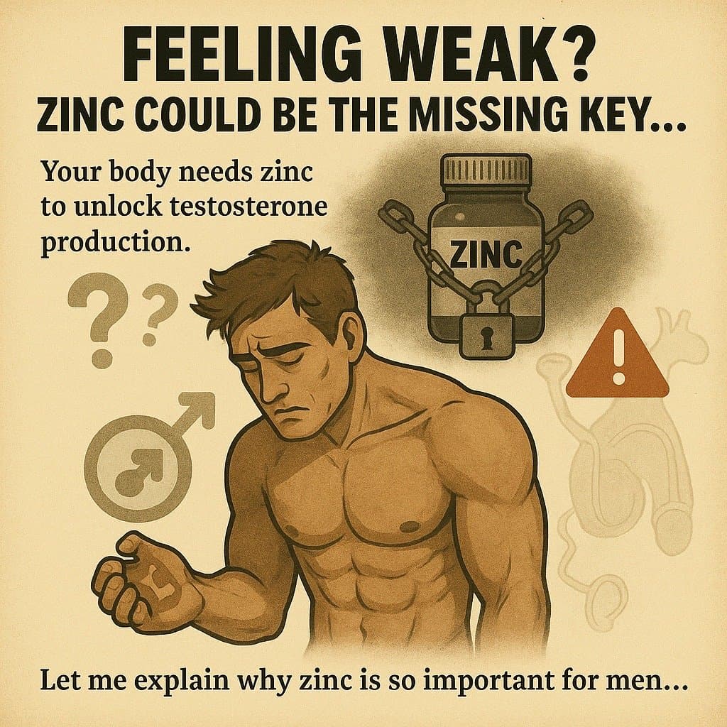 Slide 1: FEELING WEAK?
ZINC COULD BE THE MISSING KEY...
Your body needs zinc
to unlock testosterone
production.
ZINC
Let me explain why zinc is so important for men...